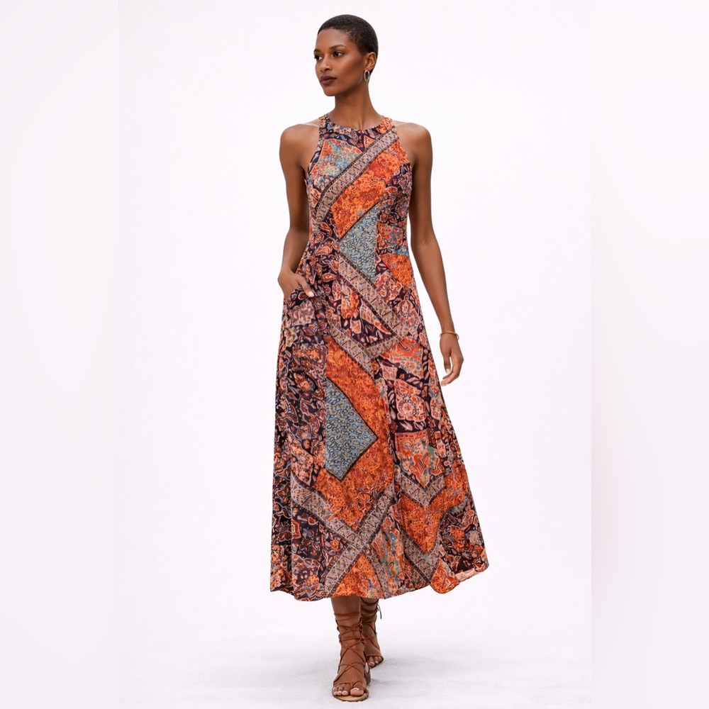 Organic Cotton Bohemian Patchwork Print Long Maxi Dress w/ Pockets 4 Seasons XL - Picture 6 of 15